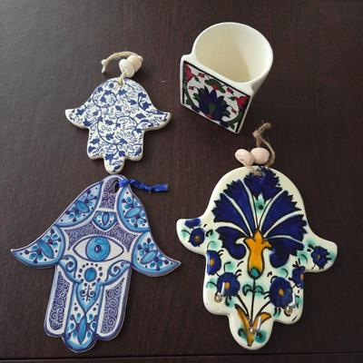 Lot #197 - Hamsa Hand Amulet Wall Hangings, One With Key Hooks, Plus a Small Vase (?)