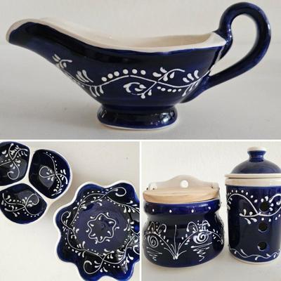 Lot #84 - Ceramica Zayas Hand Painted in Spain Salt Cellar, Garlic Keeper, Gravy Boat & Platters