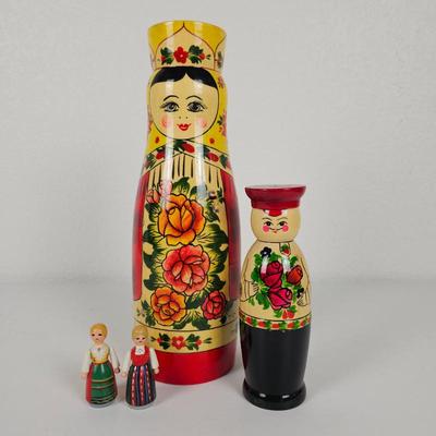 Lot #94 - Rodnik Russian Matryoshka Doll Bottle Holders & Swedish Peg Dolls