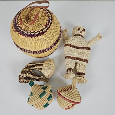 Lot #102 - African Hand Woven Baskets, Figure & Rattles