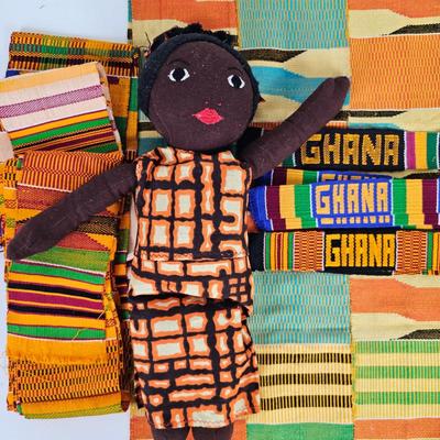 Lot #111 - Ghanaian Woven Fabric Table Runner Mat, Woven Bands & Cloth Doll