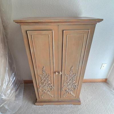 Lot #213 - Sewing Craft Hobby Cabinet With Carved Panels
