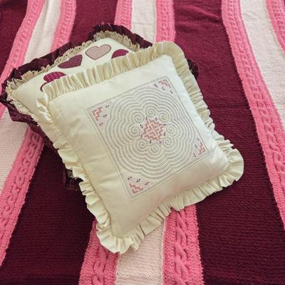Lot #222 - Very Soft Hand Crocheted Blanket With Two Quilted Throw Pillows