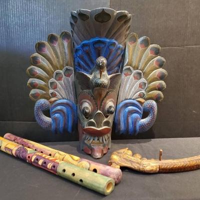 Th134v bansuri bamboo flutes batak buffalo horn, mayura mask