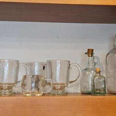 Shelf Lot of Vintage Glass – Irish-Coffee Mugs, Corked Bottles & Jug