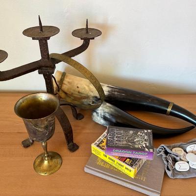 Gothic/Viking-Style Décor Group – Iron Candelabra, Brass Goblet, Drinking Horns & Tarot