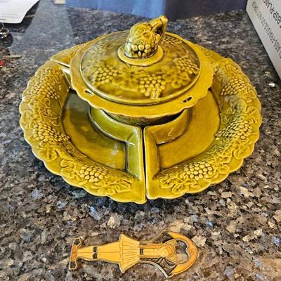 Majolica-Style Grape Motif Lazy Susan Server with Covered Center + Bottle Opener