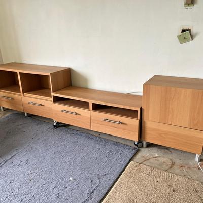3-piece Blonde Wood Modern Modular Media Console with Storage Drawers