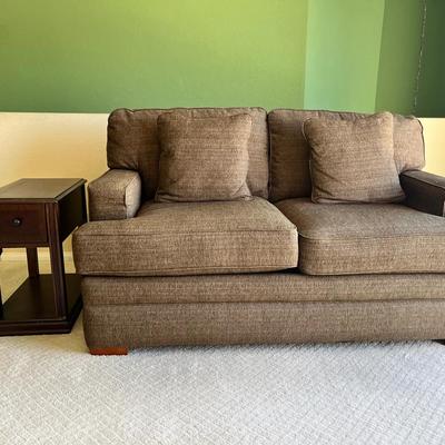 Brown Upholstered Loveseat & Wood Side Table