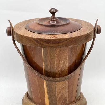 Vintage Mid-Century Wooden Ice Bucket with Lid & Handle