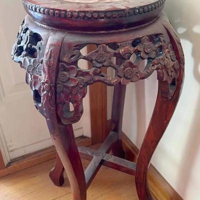 Vintage Marble & Solid Rosewood Carved Chinese Plant Stand
