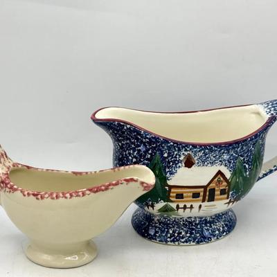 (2) Ceramic Gravy Boats – Holiday & Red Spongeware