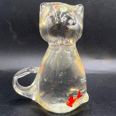 Art Glass Cat Paperweight with Fish in Belly