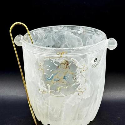Creazioni Silvestri Frosted Crystal Ice Bucket with Cherub Motif & Sticker 