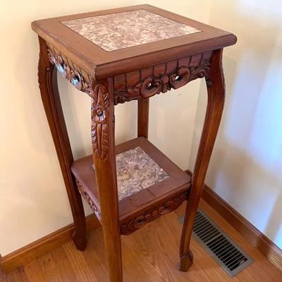 36” Square Marble Plant Stand with Ornate Carved Mahogany