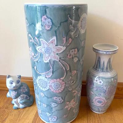 (3) Porcelain Pieces Made in China ft. Cat, Vase, Umbrella Stand