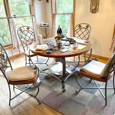 48” Round Kitchen Table & (4) Chairs — Wood, Metal & Tile