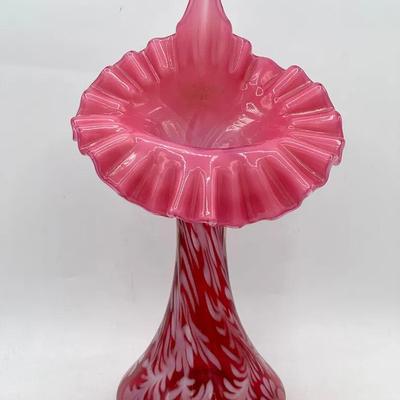 Signed Fenton Cranberry Opalescent Jack in the Pulpit Vase