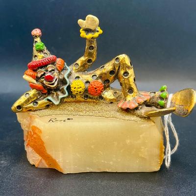 Signed Handpainted 24K Gold Plated Clown “Pinky Laying Down” by Ronald Lee on Marble Stand