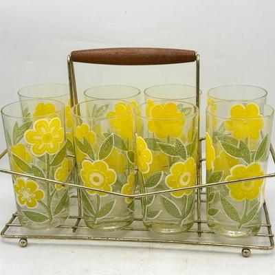 (8) Vintage Culver Yellow Floral Drinking Glasses with Metal Caddy