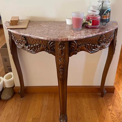 31” Marble Top Ornate Carved Three-Legged Table