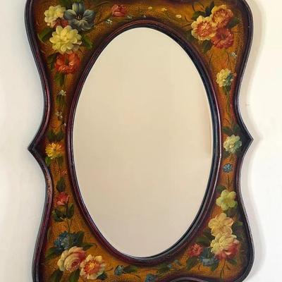 31” Floral Hand-Painted Art Nouveau Beveled Mirror