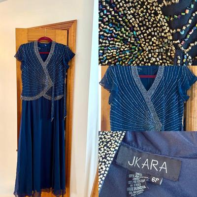 NWT J Kara Women’s Petite 6P Navy Beaded Evening Gown with Faux Wrap Overlay