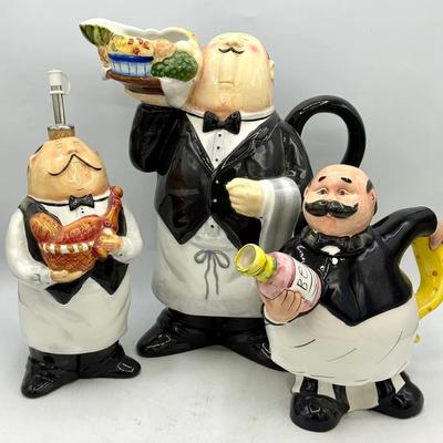 (3) Ceramic Chef/Waiter Figurals – Pitcher, Oil Bottle & Teapot