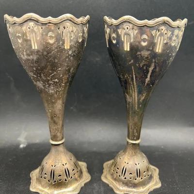 Pair of Silverplate Trumpet Vases in Art Nouveau Style with Scalloped Rims