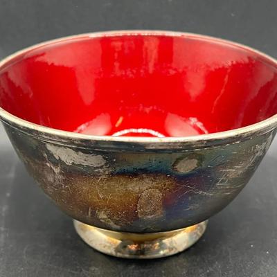 Vintage Towle Silver Plated Red Enamel Clad Footed Bowl Stamped EP 5002