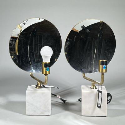 (2pc) Pair Contemporary Table Lamps With Mirrors And Marble Base
