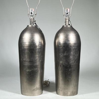 Pair Contemporary/ Industrial Tall Table Lamps With Antique Nickel Finish
