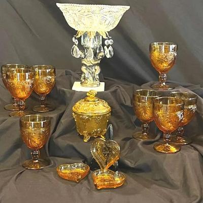 Vtg Amber Glassware, Candy Dish, Heart Trinket Trays, + Ornate Pedestal Bowl w/ Marble bottom