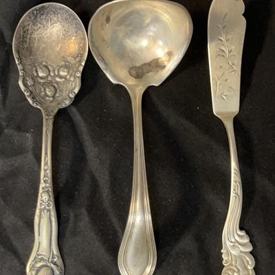 Sterling Serv'g Trio - Roses Spoon, Sauce Ladle & Aesthetic Butter Knife (c. late 1800s–early 1900s)