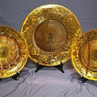 (3) Tiara Amber Sandwich Glass Serving Plates 