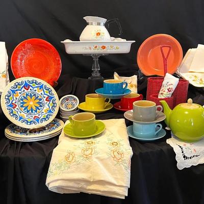Colorful  Coffee & Tea “Siena” Set, Corningware Teapot & dish, Melamine Plates/Bowls, VTG Linens