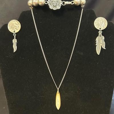 Native American Sterling Jewelry Lot – Buffalo Nickel Earrings, Beaded Bracelet, MOP Pendant