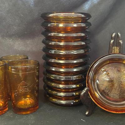 Vintage Tiara Amber Sandwich Coasters & Tiara Amber Jack & Jill Nursery Ryhme Drinking Glasses