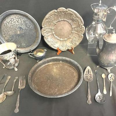 Silver Plated Flatware, Platters, Creamer Bowl 