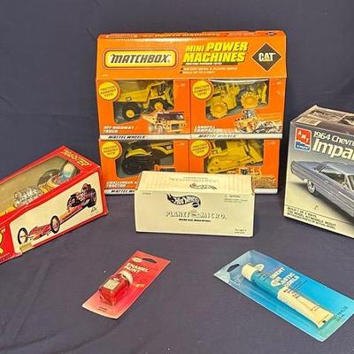 Matchbox CAT Set, AMT ’64 Impala Kit, Alps “Dragster,” Hot Wheels Planet Micro, Paint & Cement