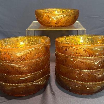 (9) Tiara Amber Sandwich Glass Bowls 