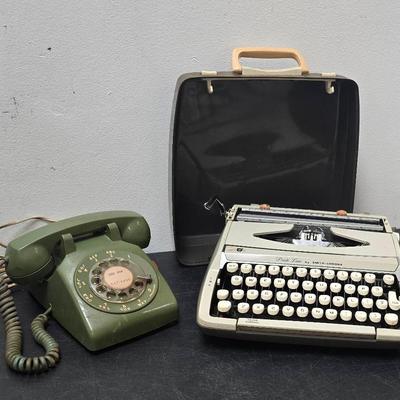 Vintage ITT Green Rotary Phone, Pride Line By SMITH CORONA ZEPHYR DELUXE Green Manual Typewriter 