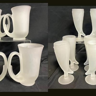 VTG Frosted Glass Amber Viking Horn Beer Stein And Hunter Horns