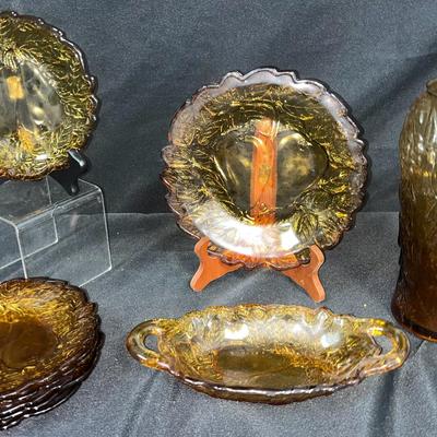 Dark Amber Tiara Pear Plates, Vase, Butter Dish
