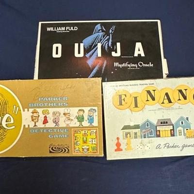 Vintage Game-Night Trio — Parker Brothers: OUIJA, CLUE (1963), & FINANCE (1958) — As Found