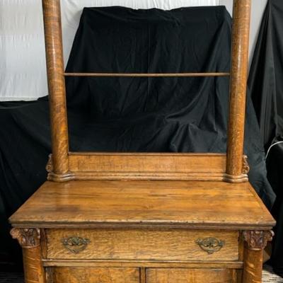 Antique Oak Washstand With Storage – Two-Piece Design