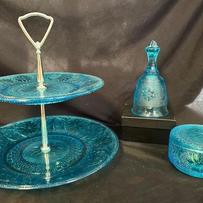 TIARA Blue Sandwich Glass Trinket Dish, Bell, & Two Tiered Serving Plates