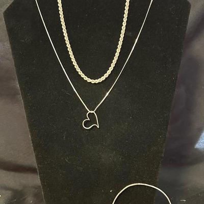 Sterling Chain, Heart Necklace, Hoops, & Bracelets 