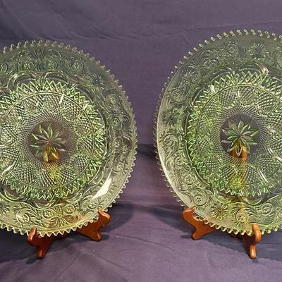 UPDATED!  TIARA “Chantilly Green” Sandwich Glass Deviled Egg Platters (2) —