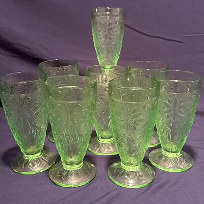 UPDATED:  TIARA “Chantilly Green” Sandwich Pattern Footed Tumblers (8) — 